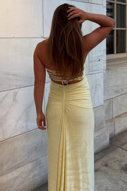 Yellow Strapless Lace-Up Scoop Neck Satin Pleats Long Prom Dress