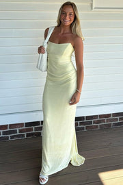 Yellow Strapless Lace-Up Scoop Neck Satin Pleats Long Prom Dress