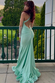 Mermaid Backless Satin V-Neck Pleats Side Slit Long Prom Dress