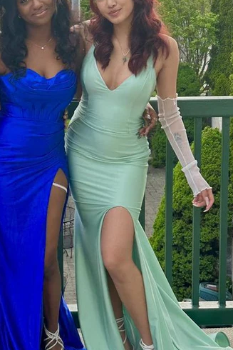 Mermaid Backless Satin V-Neck Pleats Side Slit Long Prom Dress