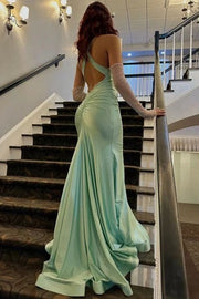 Mermaid Backless Satin V-Neck Pleats Side Slit Long Prom Dress