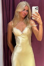 Yellow Spaghetti Straps V-Neck Lace Appliques Satin Formal Prom Dress