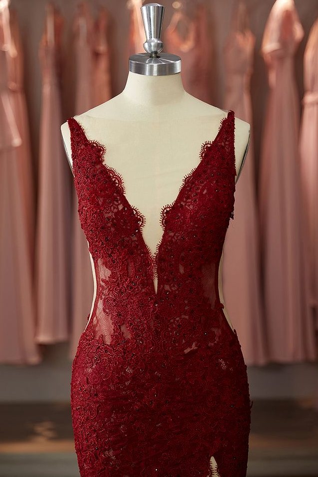 Stunning Mermaid Deep V-Neck Lace Prom Formal Dress with Train