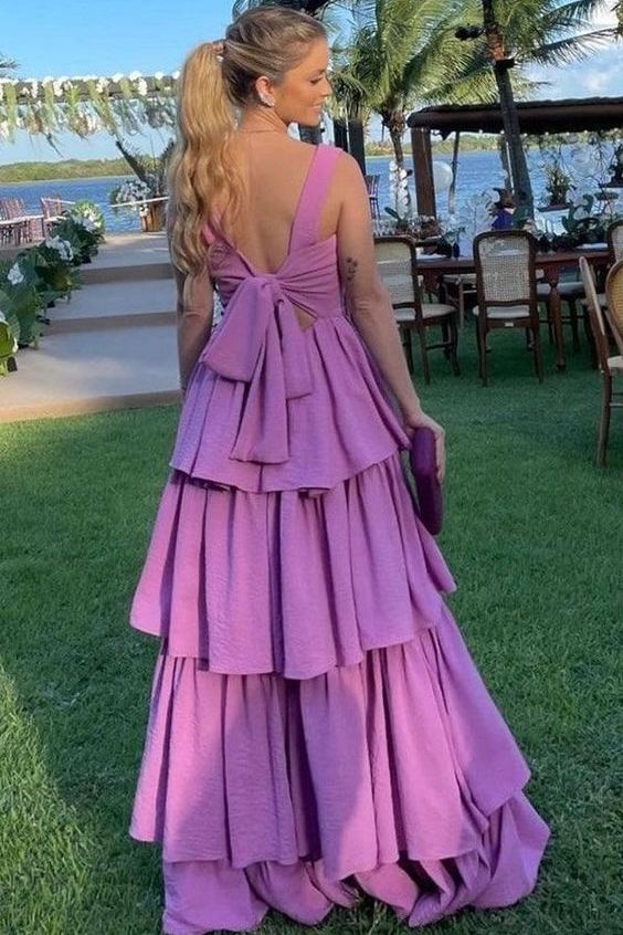 Elegant A-Line Straps Empire-Waist Tiered Sleeveless Long Prom Dress