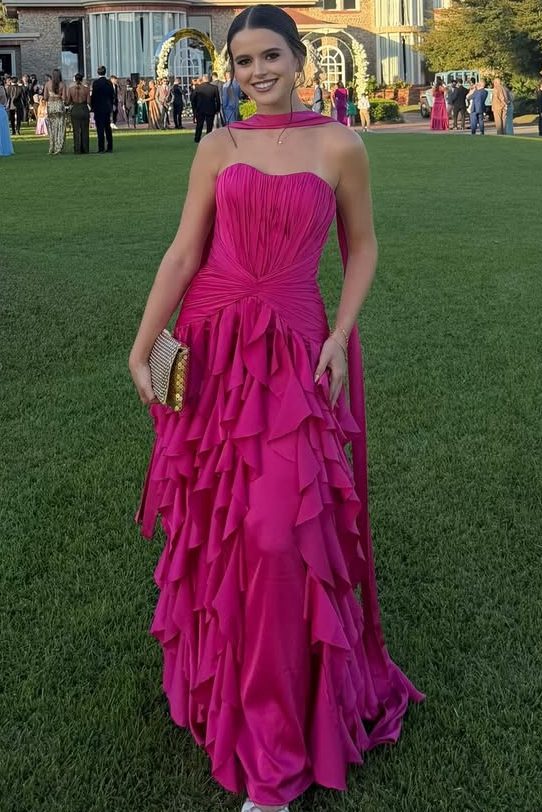 Ruffles Strapless A-Line Empire-Waist Tulle Long Formal Prom Dress