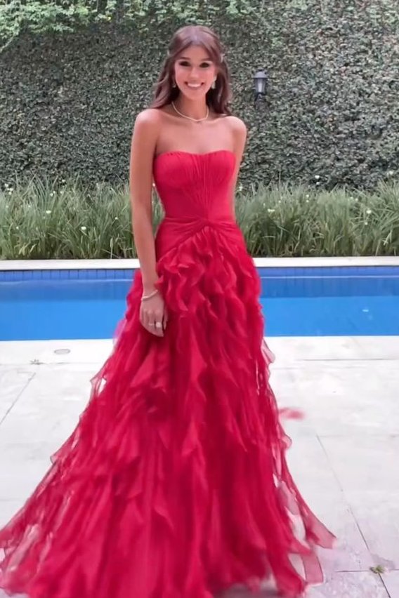 Ruffles Strapless A-Line Empire-Waist Tulle Long Formal Prom Dress