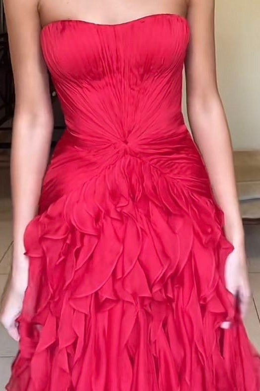 Ruffles Strapless A-Line Empire-Waist Tulle Long Formal Prom Dress