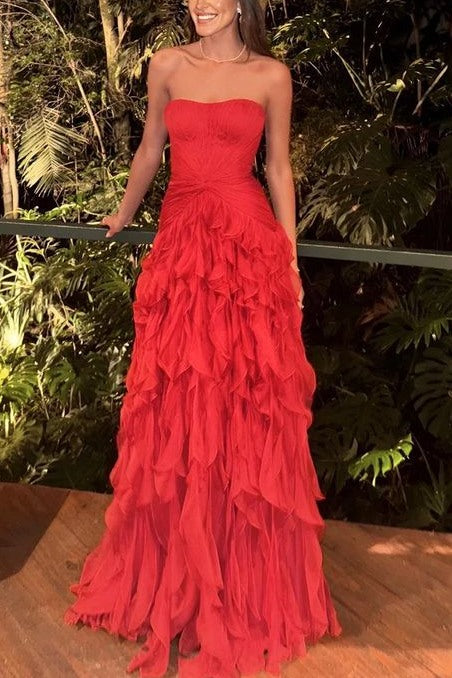 Ruffles Strapless A-Line Empire-Waist Tulle Long Formal Prom Dress