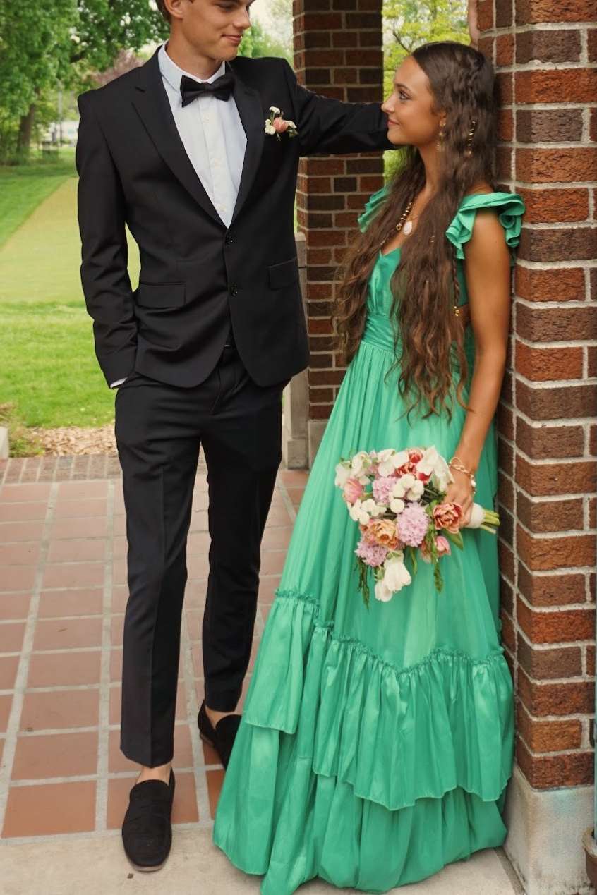 Cute Green A-Line V-Neck Empire-Waist Cutout Layered Prom Dress