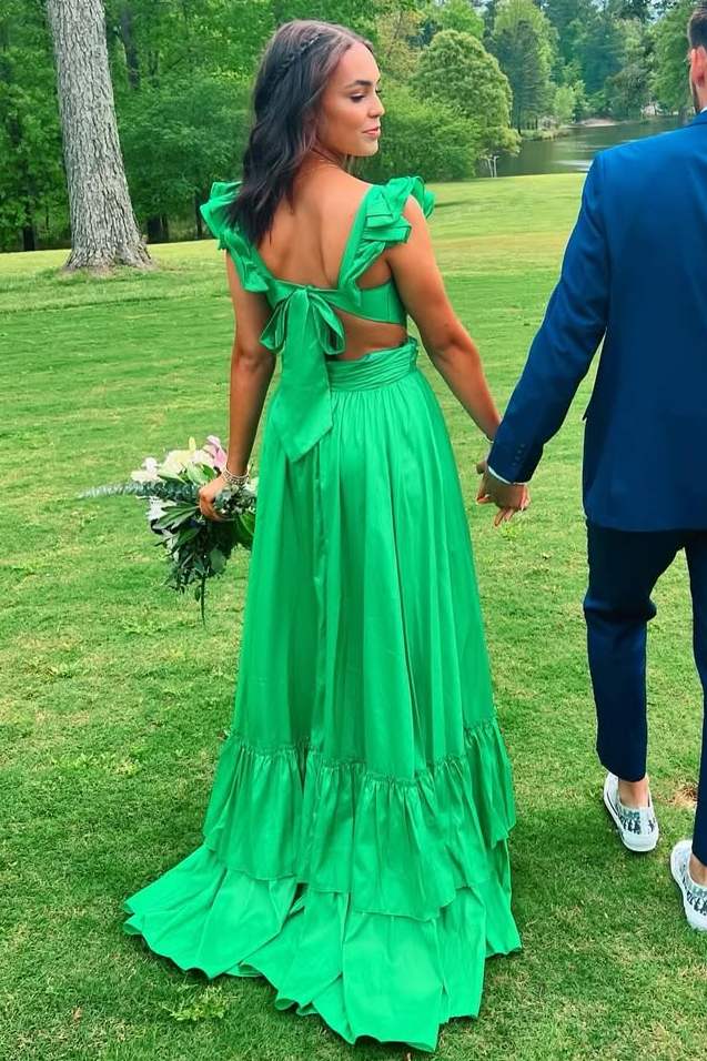 Cute Green A-Line V-Neck Empire-Waist Cutout Layered Prom Dress