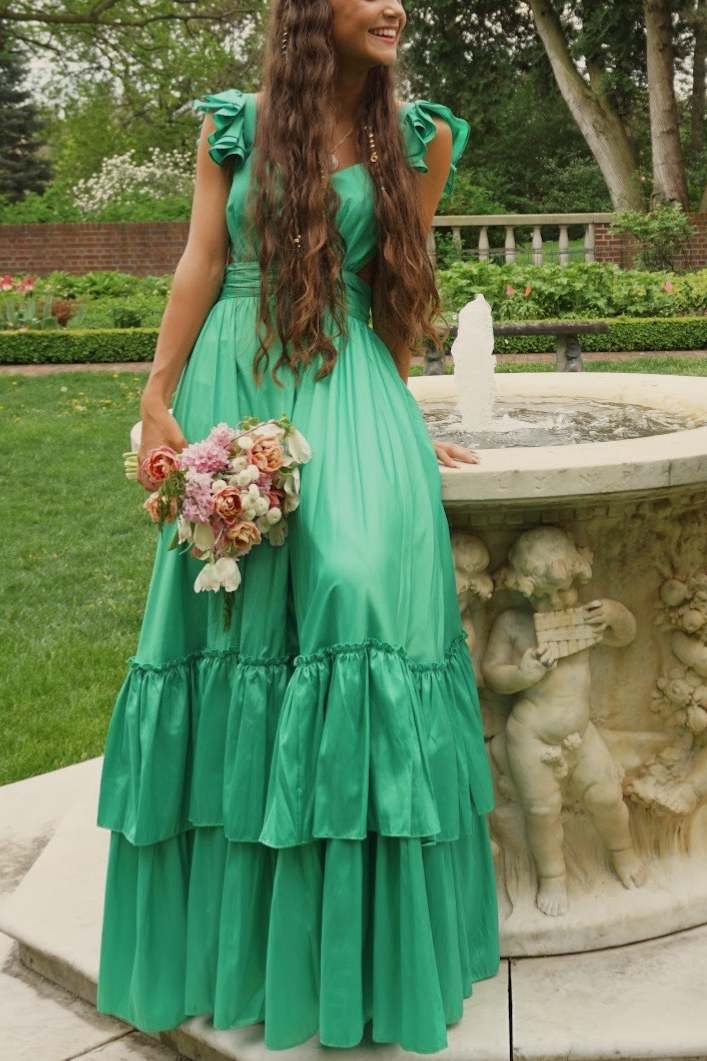 Cute Green A-Line V-Neck Empire-Waist Cutout Layered Prom Dress