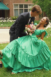 Cute Green A-Line V-Neck Empire-Waist Cutout Layered Prom Dress