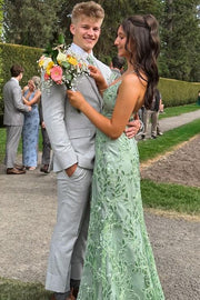 Gorgeous V-Neck Spaghetti Straps Lace Appliques Prom Dress with Slit