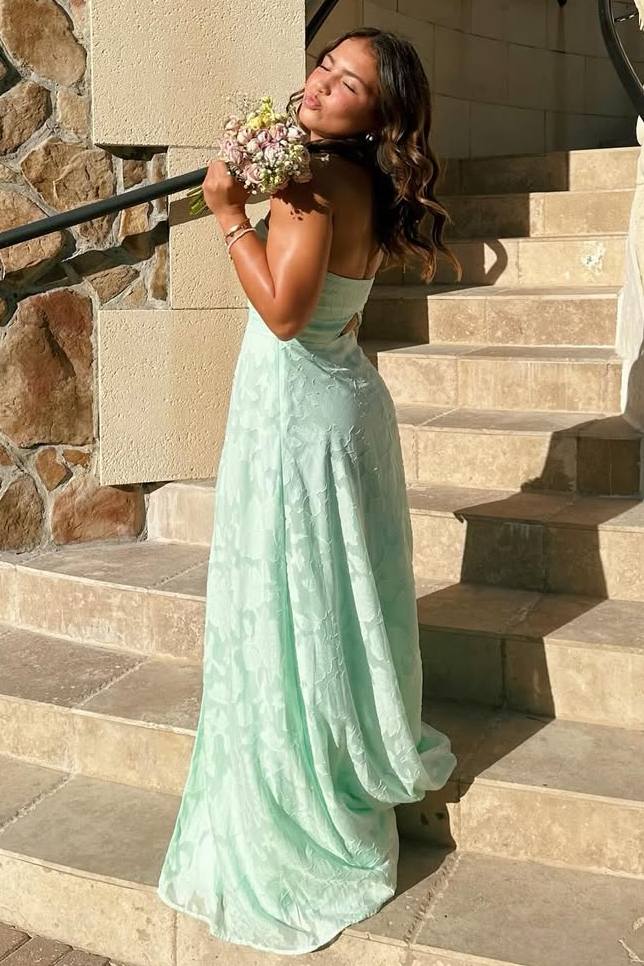 A-Line Strapless High Slit Sleeveless Lace Appliques Prom Dress