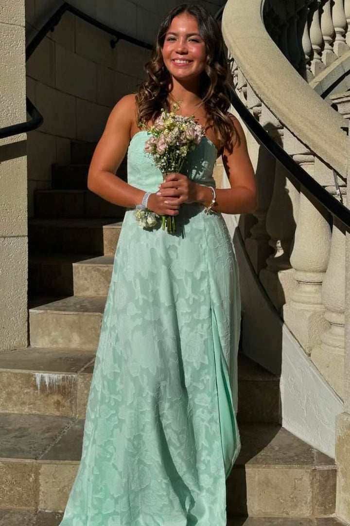A-Line Strapless High Slit Sleeveless Lace Appliques Prom Dress