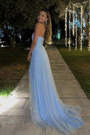 Classy Blue Strapless Tulle Sleeveless High Slit Mermaid Prom Dress