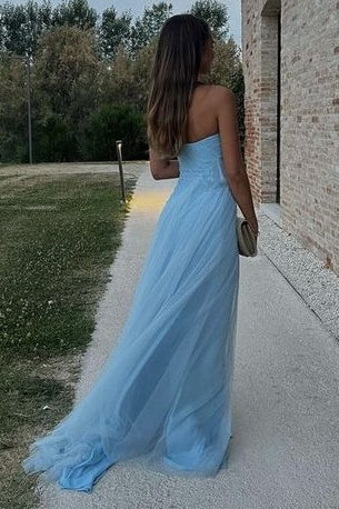 Classy Blue Strapless Tulle Sleeveless High Slit Mermaid Prom Dress