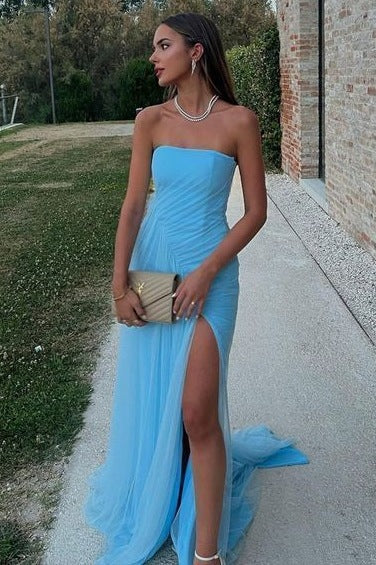 Classy Blue Strapless Tulle Sleeveless High Slit Mermaid Prom Dress