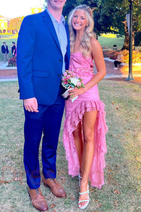 Pink Strapless Lace Ruffles Sleeveless High Slit Prom Dress