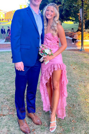 Pink Strapless Lace Ruffles Sleeveless High Slit Prom Dress