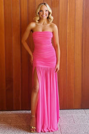 Strapless Pleats Sleeveless High Slit Long Party Prom Dress