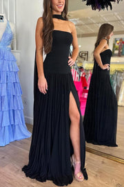Strapless Pleats Sleeveless High Slit Long Party Prom Dress