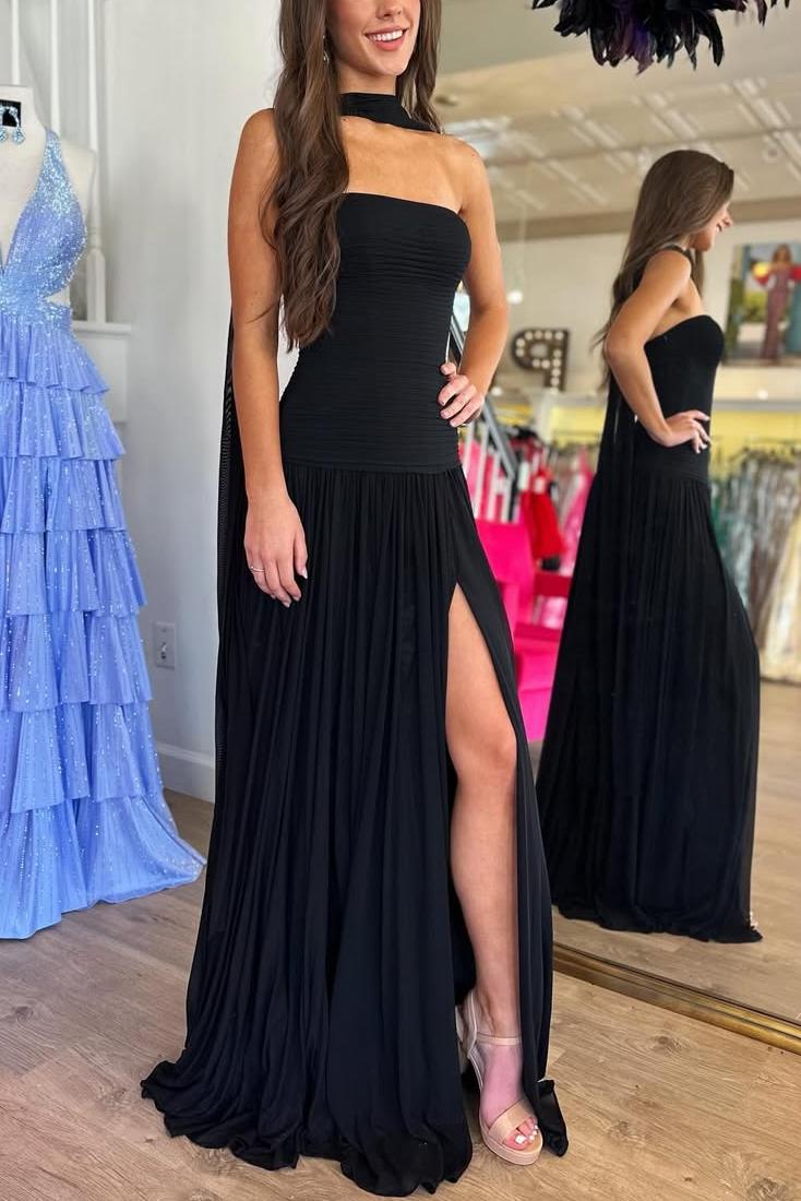 Strapless Pleats Sleeveless High Slit Long Party Prom Dress