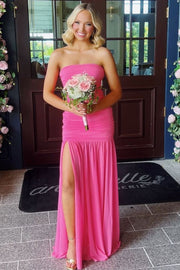 Strapless Pleats Sleeveless High Slit Long Party Prom Dress