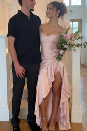 Spaghetti Straps Cowl Neck Ruffles Satin Sleeveless Prom Dress with Slit