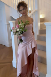 Spaghetti Straps Cowl Neck Ruffles Satin Sleeveless Prom Dress with Slit