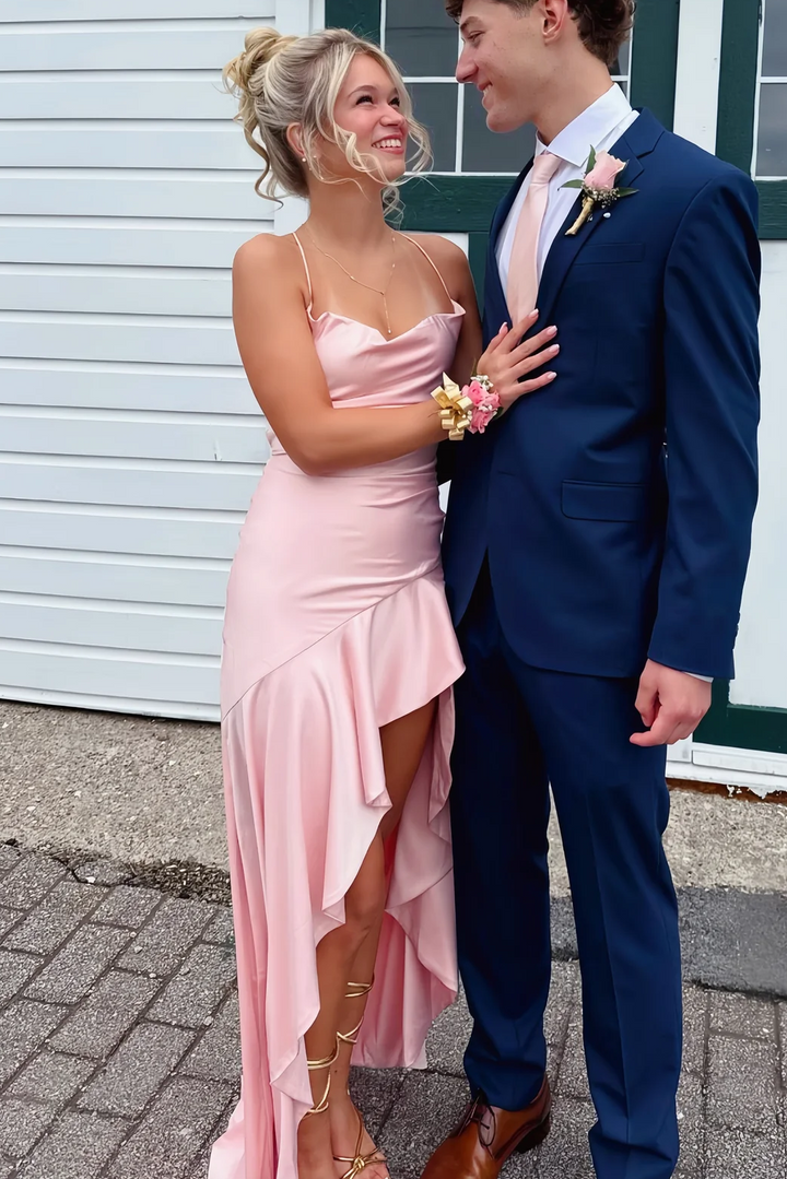 Spaghetti Straps Cowl Neck Ruffles Satin Sleeveless Prom Dress with Slit