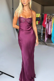 Sheath Lace-Up Spaghetti Straps V-Neck with Sequins Prom Party Dress