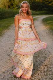 Sweet Spaghetti Straps Print Empire-Waist Tiered Long Prom Dress