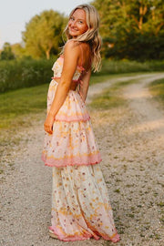 Sweet Spaghetti Straps Print Empire-Waist Tiered Long Prom Dress