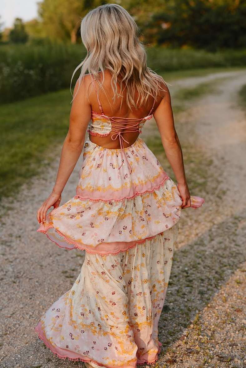 Sweet Spaghetti Straps Print Empire-Waist Tiered Long Prom Dress