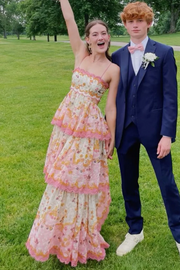 Sweet Spaghetti Straps Print Empire-Waist Tiered Long Prom Dress