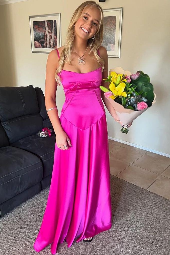 Spaghetti Straps A-Line Square Neck Sleeveless Satin Prom Dress