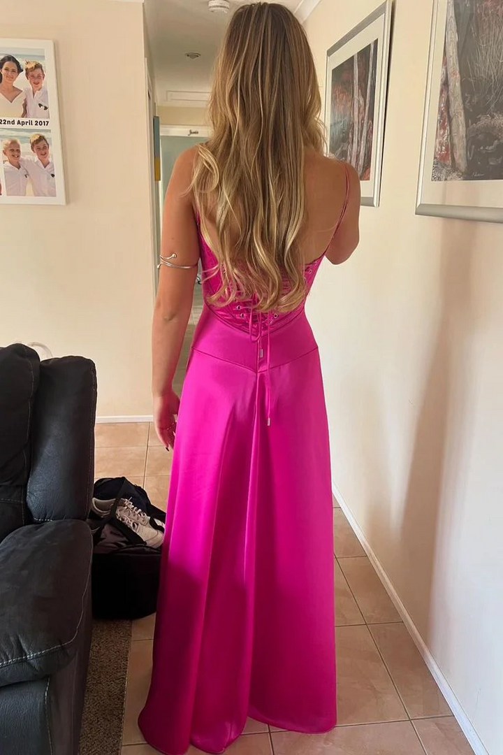 Spaghetti Straps A-Line Square Neck Sleeveless Satin Prom Dress