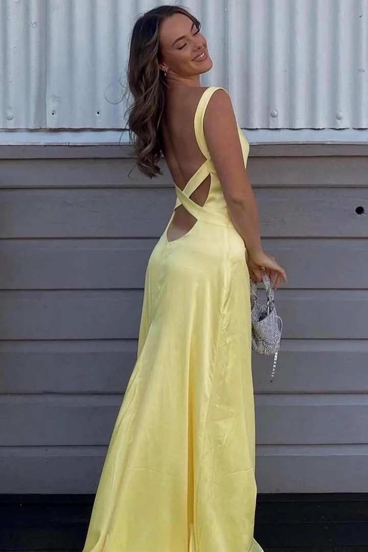 Classy Straps V-Neck Satin Sleeveless Pleats Long Formal Prom Dress