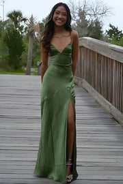 Timeless Spaghetti Straps V-Neck Satin Side Slit Party Prom Dress