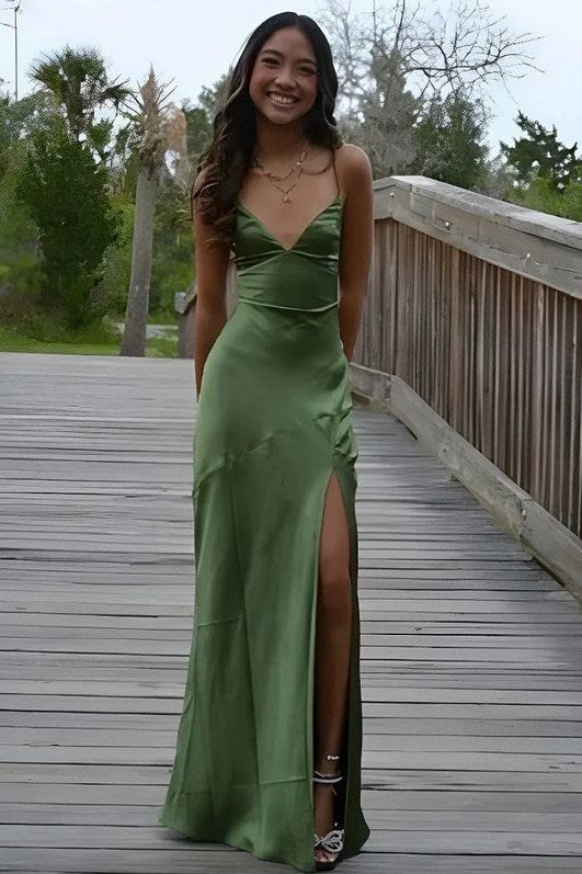 Timeless Spaghetti Straps V-Neck Satin Side Slit Party Prom Dress