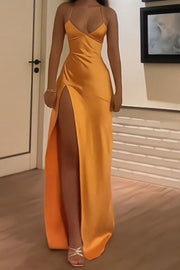 Timeless Spaghetti Straps V-Neck Satin Side Slit Party Prom Dress