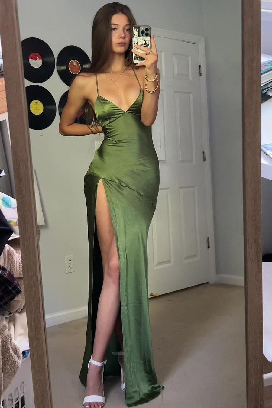 Timeless Spaghetti Straps V-Neck Satin Side Slit Party Prom Dress