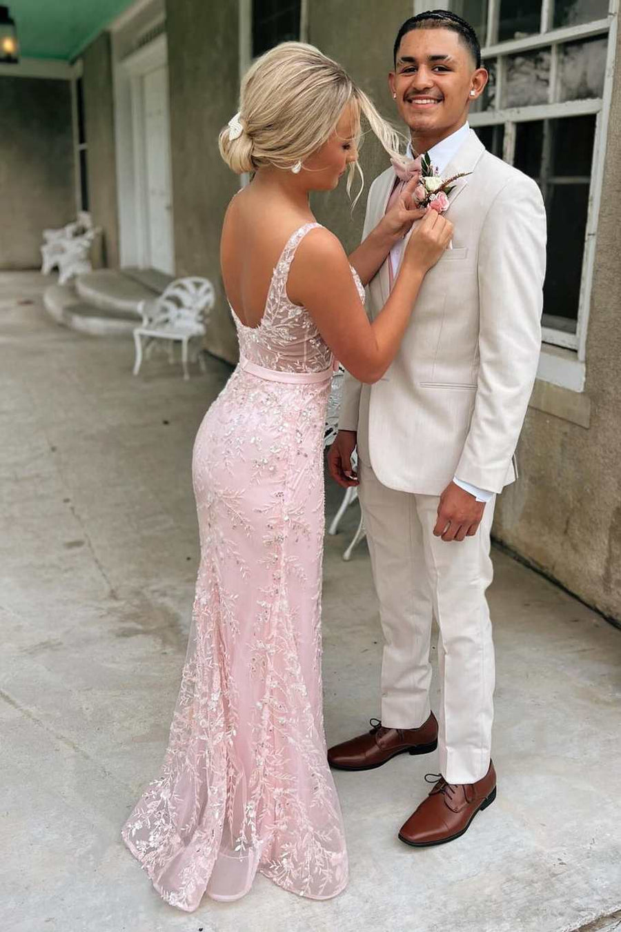 Pink Straps Square Appliques Sleeveless Mermaid Long Prom Dress