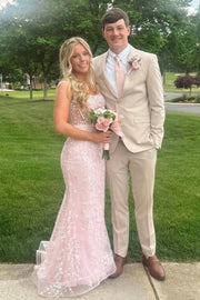 Pink Straps Square Appliques Sleeveless Mermaid Long Prom Dress