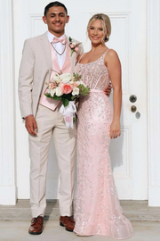 Pink Straps Square Appliques Sleeveless Mermaid Long Prom Dress