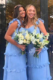 Blue A-Line Ruffles Straps Sleeveless Chiffon Long Prom Dress