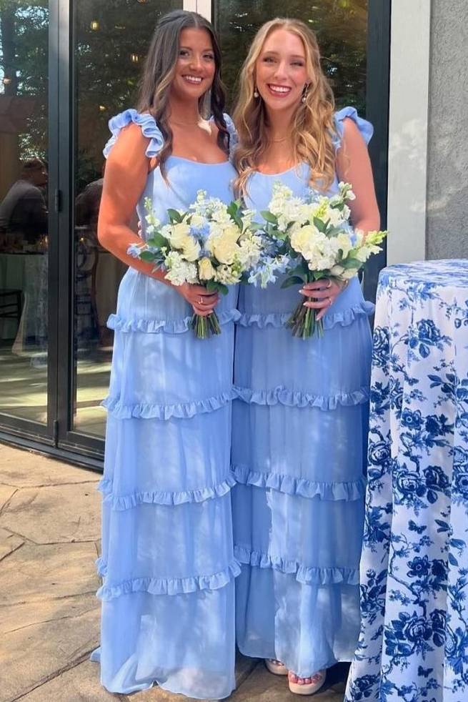 Blue A-Line Ruffles Straps Sleeveless Chiffon Long Prom Dress