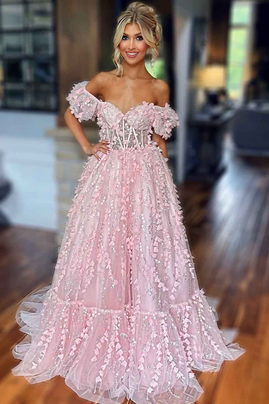 Stunning Off-Shoulder A-Line Lace Appliques Empire-Waist Long Prom Dress