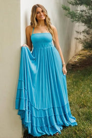 Blue Halter Scoop Neck Pleated A-Line Empire-Waist Sleeveless Prom Dress